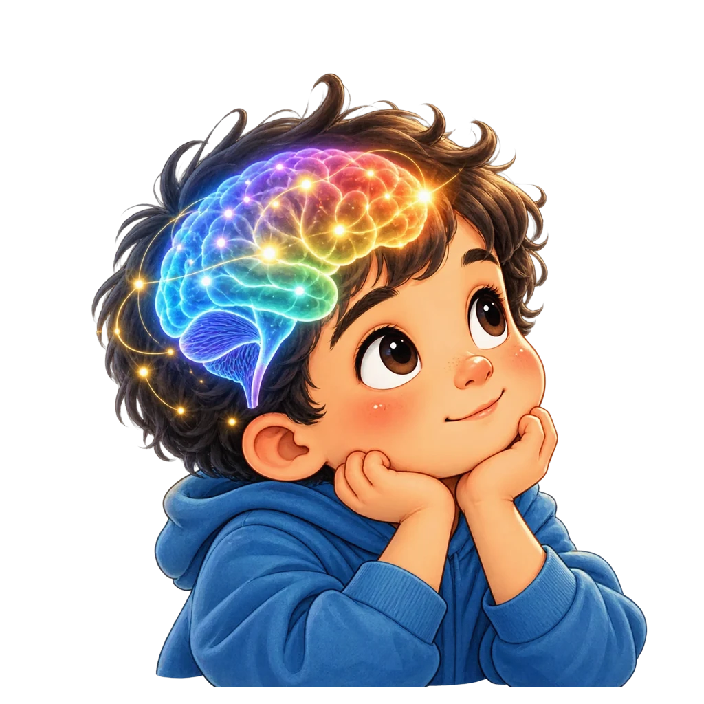 Curious child with a glowing, colourful brain, imagining