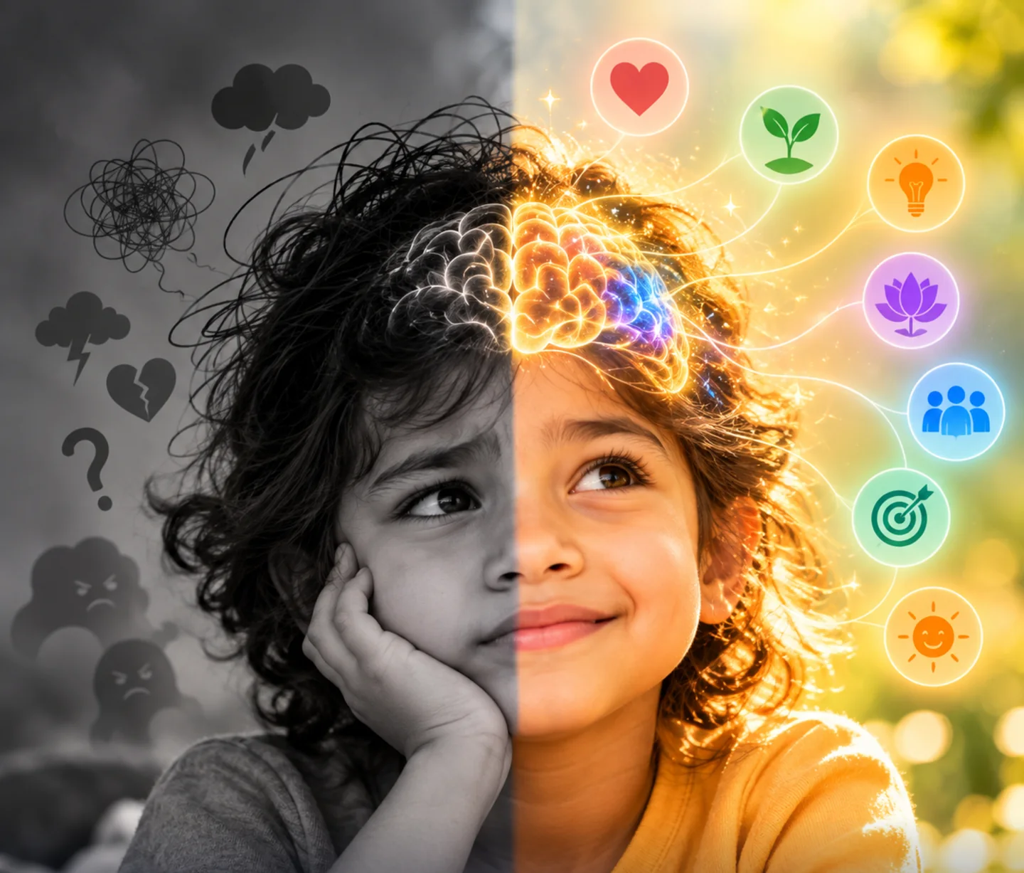 A child resting her chin on her hand. One half of the picture holds her worries, the other half lights up with wonder