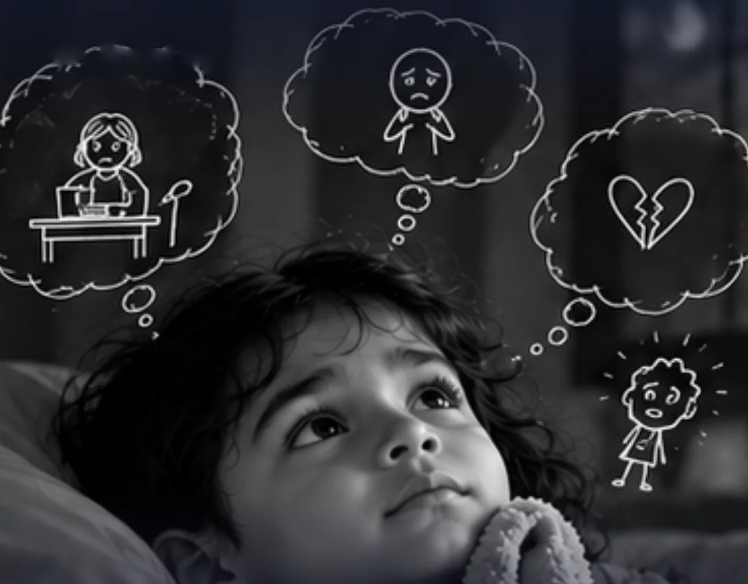 A child lying awake in bed, with chalk-drawn worries floating above: a hard day at school, a sad face, a broken heart